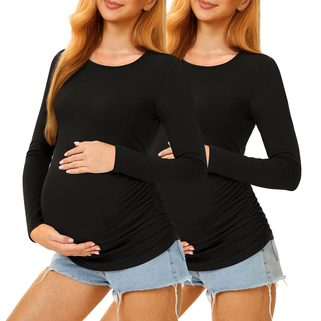 MIRAZEN 2 Pack Maternity Shirts Long Sleeve Crew Neck, Black/Black, L