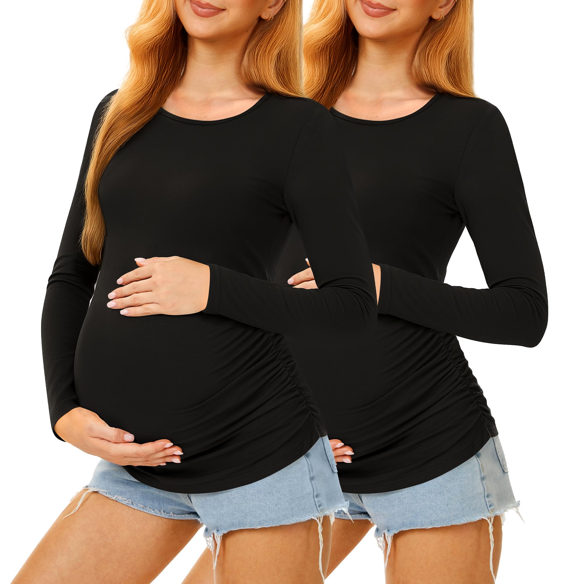 MIRAZEN 2 Pack Maternity Shirts Long Sleeve Crew Neck, Black/Black, L