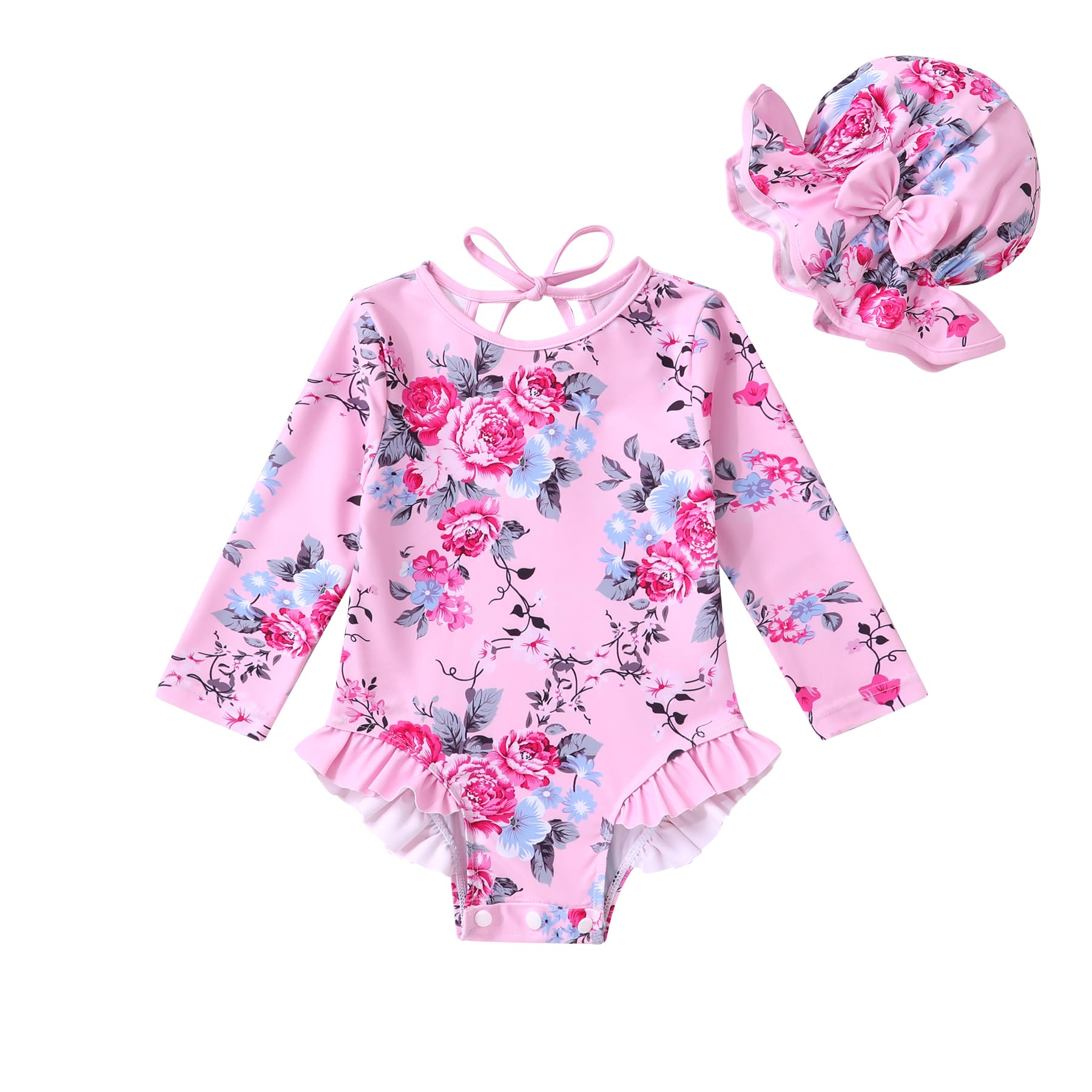Infant Baby Girls Long Sleeve One Piece Swimsuit with Hat Floral Zipper Bathing Suit Leopard Beach Wear (Pink Edged Big Flower，3-6Months)