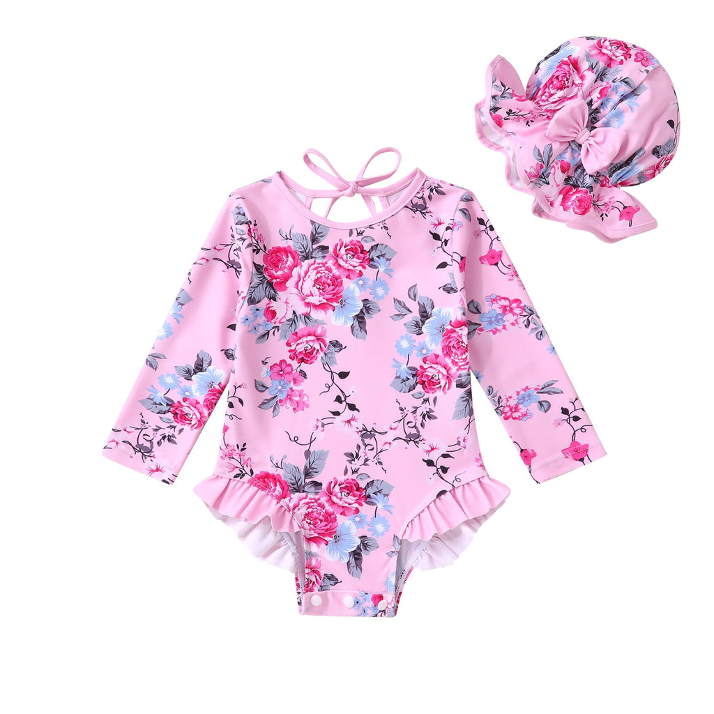 Infant Baby Girls Long Sleeve One Piece Swimsuit with Hat Floral Zipper Bathing Suit Leopard Beach Wear (Pink Edged Big Flower，3-6Months)