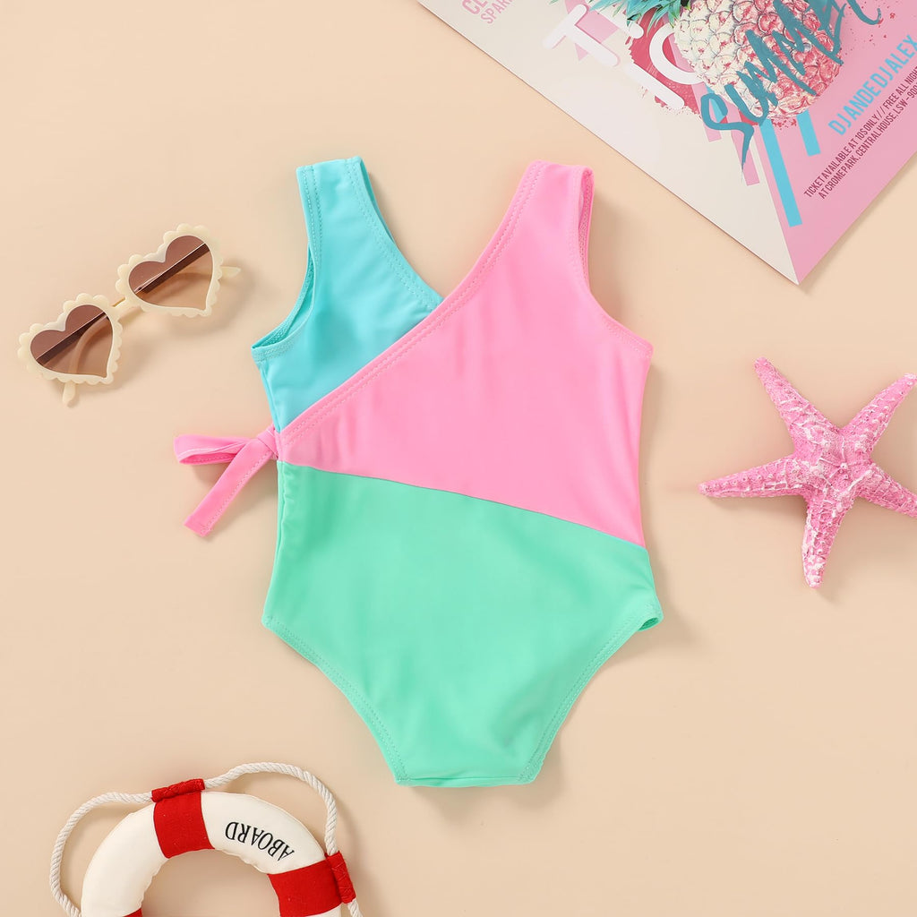 Happy Town Toddler Swimsuit Girl One Piece Bathing Suit Color Block Swimwear Baby Summer Beach Wear(3-4T,Blue Pink Green)