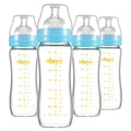 Matyz Glass Breastmilk Baby Feeding Bottle with Nipple, 4 Pack, 8 oz Slim and Light Bottle Easy to Hold, Food Grade Borosilicate Glass, Wide Neck Easy to Clean, No BPA (Blue Lids)