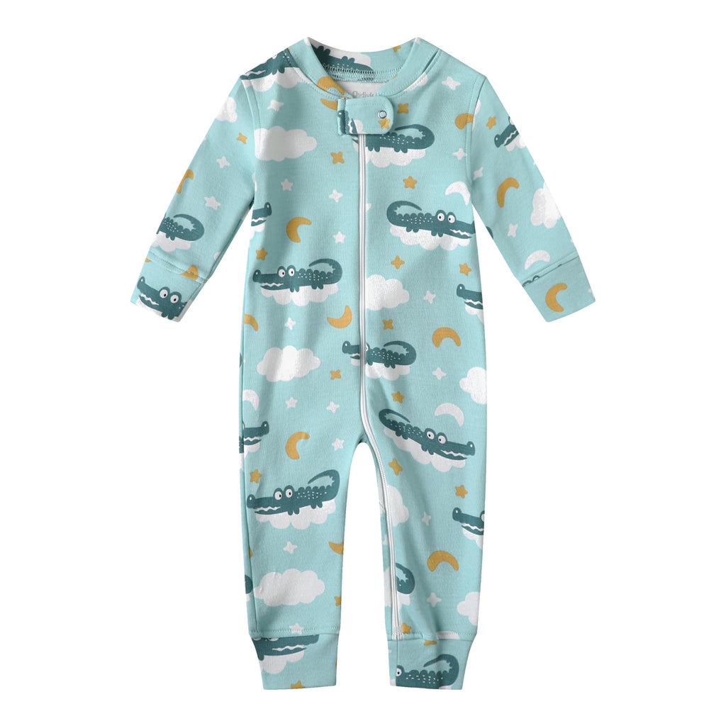 Owlivia Organic Cotton Baby Boy Girl Zip up Sleep N Play, Footless, Long Sleeve(12-18 Months, Crocodile & Golden Star)