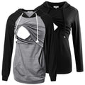 GINKANA Nursing Sweatshirt for Women Maternity Pullover Hoodie Long Sleeve Breastfeeding Top,Black+Gery with Black,S