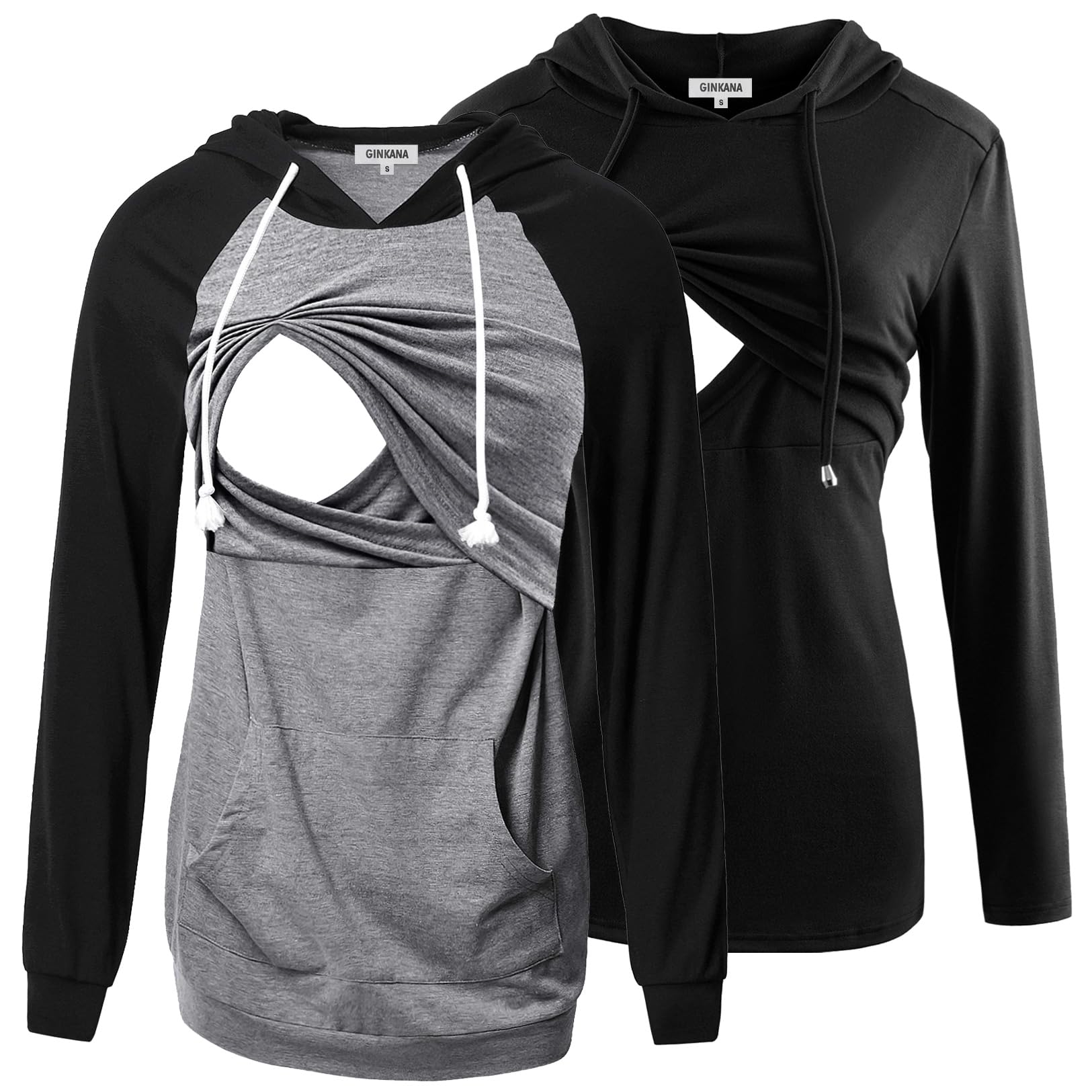 GINKANA Nursing Sweatshirt for Women Maternity Pullover Hoodie Long Sleeve Breastfeeding Top,Black+Gery with Black,S
