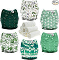 Mama Koala 3.0 Pocket Cloth Diapers for Babies with AWJ Lining, 6 Pack with 6 4-Layer Natural Cloth Diaper Inserts - Reusable and Washable Pocket Diapers (Love Green)
