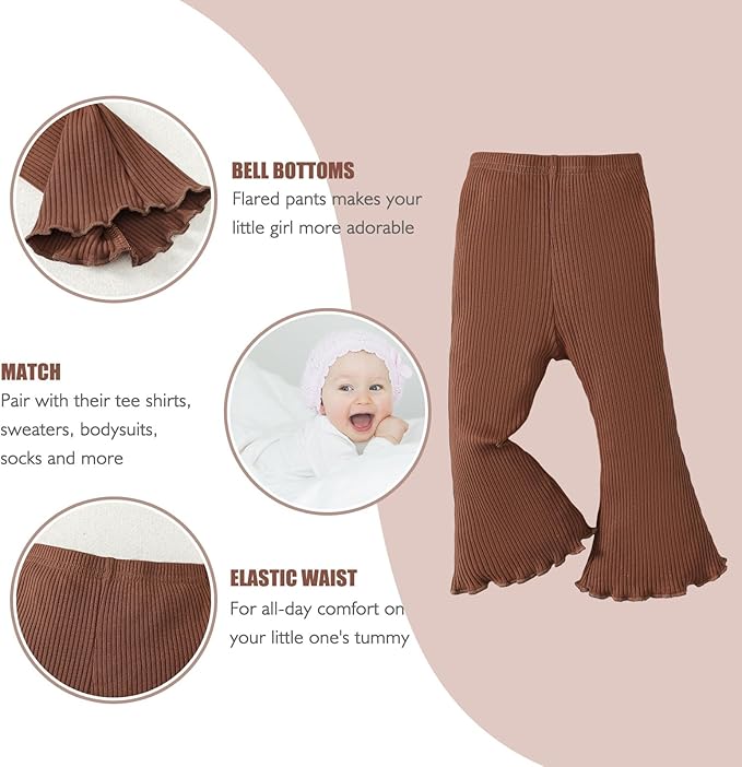 SOBOWO Toddler Baby Girl Flare Pants 3 Pack Solid Ribbed Ruffle Bell Bottoms Pants Fall Outfits(Black/Caramel/Gray, 2-3T)