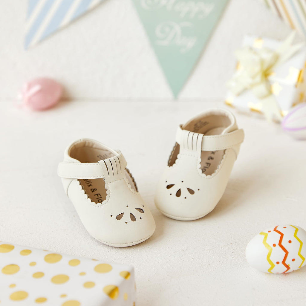 Felix & Flora Soft Sole Ivory White Baby Dress Shoes - Infant Baby Walking Shoes Moccasins Rubber Sole Crib Shoes(Ivory White,12-18Months Infant)
