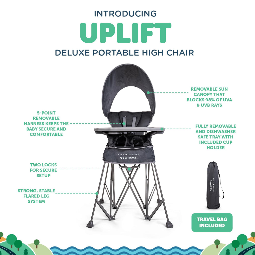 Baby Delight Go with Me Uplift Deluxe Portable High Chair | Sun Canopy | Indoor and Outdoor | Grey