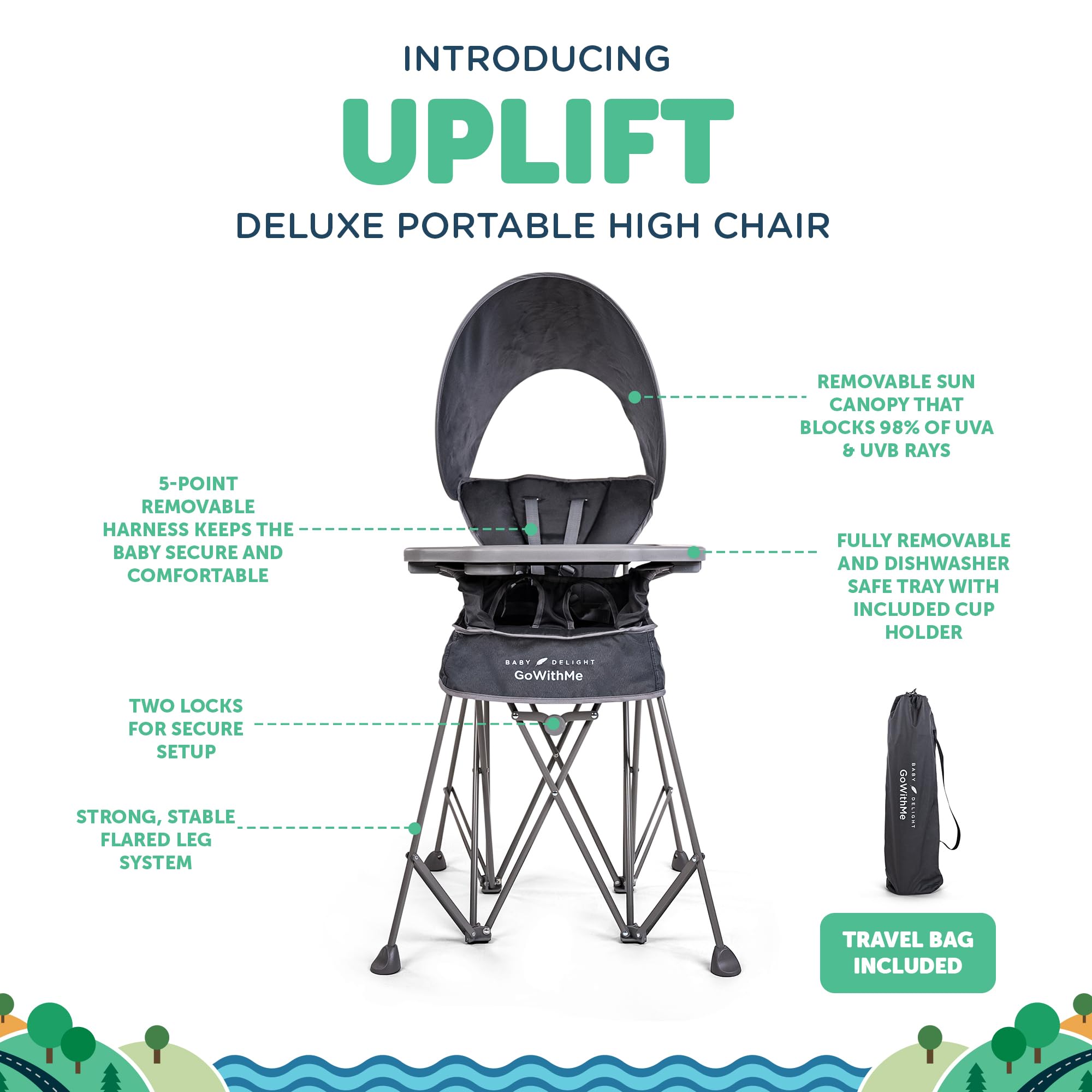 Baby Delight Go with Me Uplift Deluxe Portable High Chair | Sun Canopy | Indoor and Outdoor | Grey