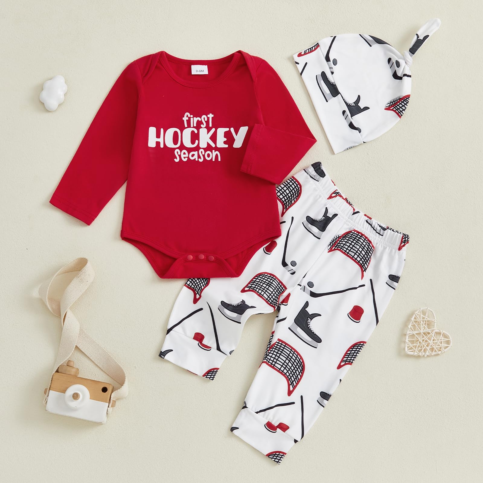 Doqcey Baby Boy Hockey Outfit New Player in Town Long Sleeve Romper Long Pants Hat Set 3Pcs Newborn Fall Winter Clothes (Red, 3-6 Months)
