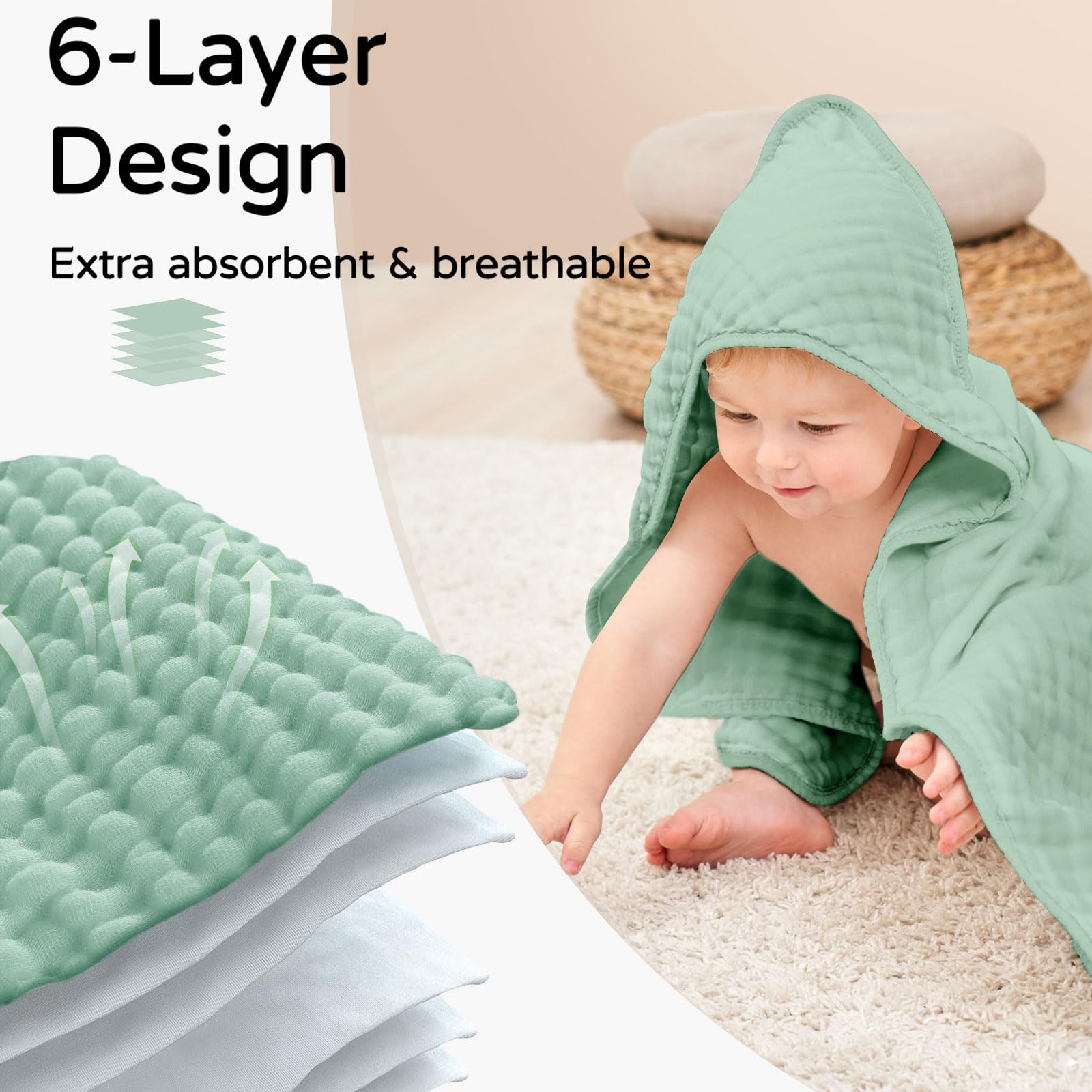 Yoofoss Hooded Baby Towels for Newborn 2 Pack 100% Muslin Organic Cotton Baby Bath Towel with Hood for Babies, Infant, Toddler and Kids, 32x32Inch, Soft and Absorbent Newborn Essential, Gradient Green