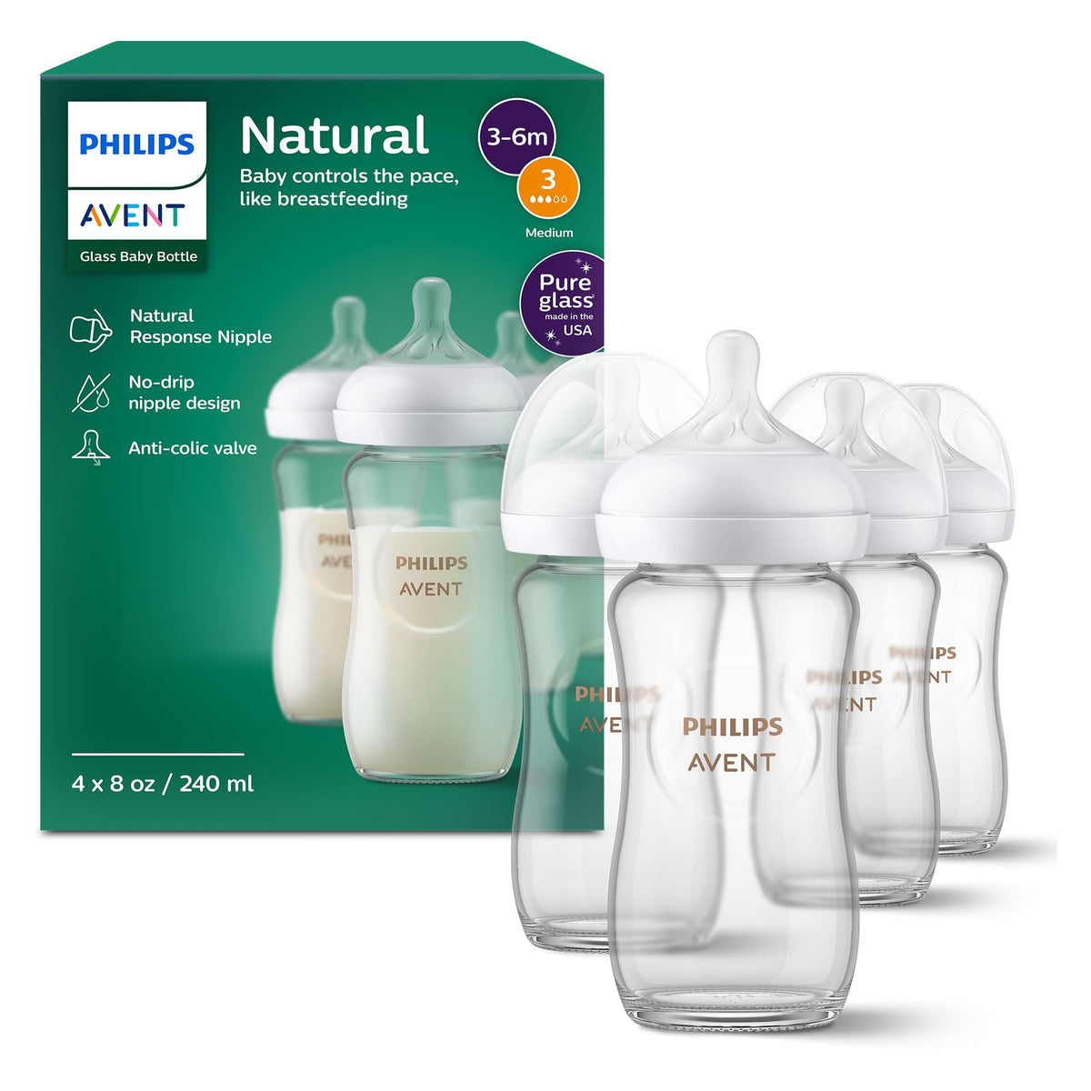 Philips Avent Natural Glass Baby Bottles, Slow Flow, 4 oz, BPA-Free, 4-Pack