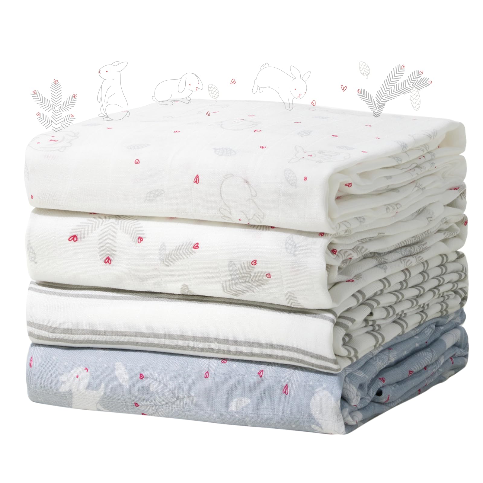 Momcozy Muslin Swaddle Blankets, 4-Pack Breathable and Skin-Friendly Receiving Blankets, Swaddle Blanket Shower Gifts & Baby Registry Essentials, Large 47"x47", Creamy Rabbit