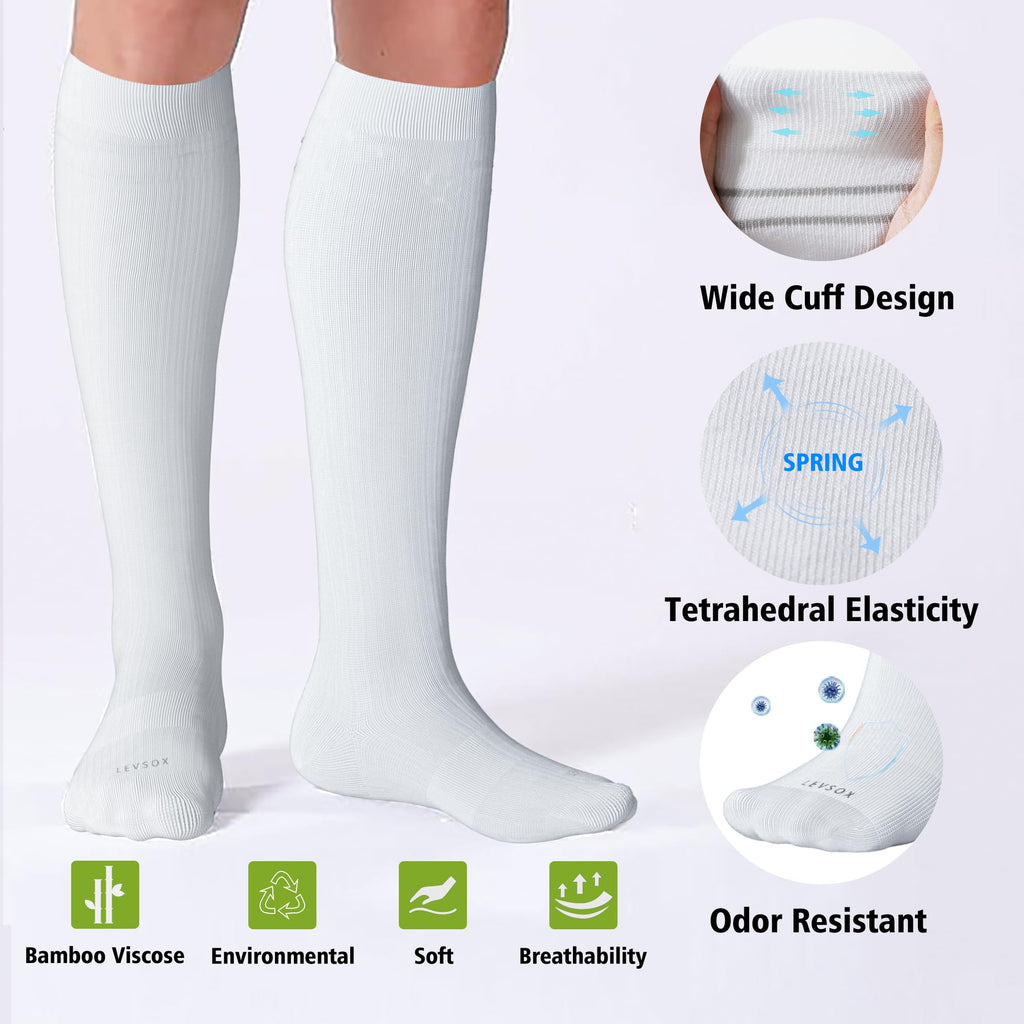 LEVSOX Viscose Made from Bamboo Compression Socks for Pregnant Women 20-30 mmHg Knee High Cute Funny Mens Supports Socks for Nurses, Medical, Travel and Flight, Black, White, Wheat, Grey