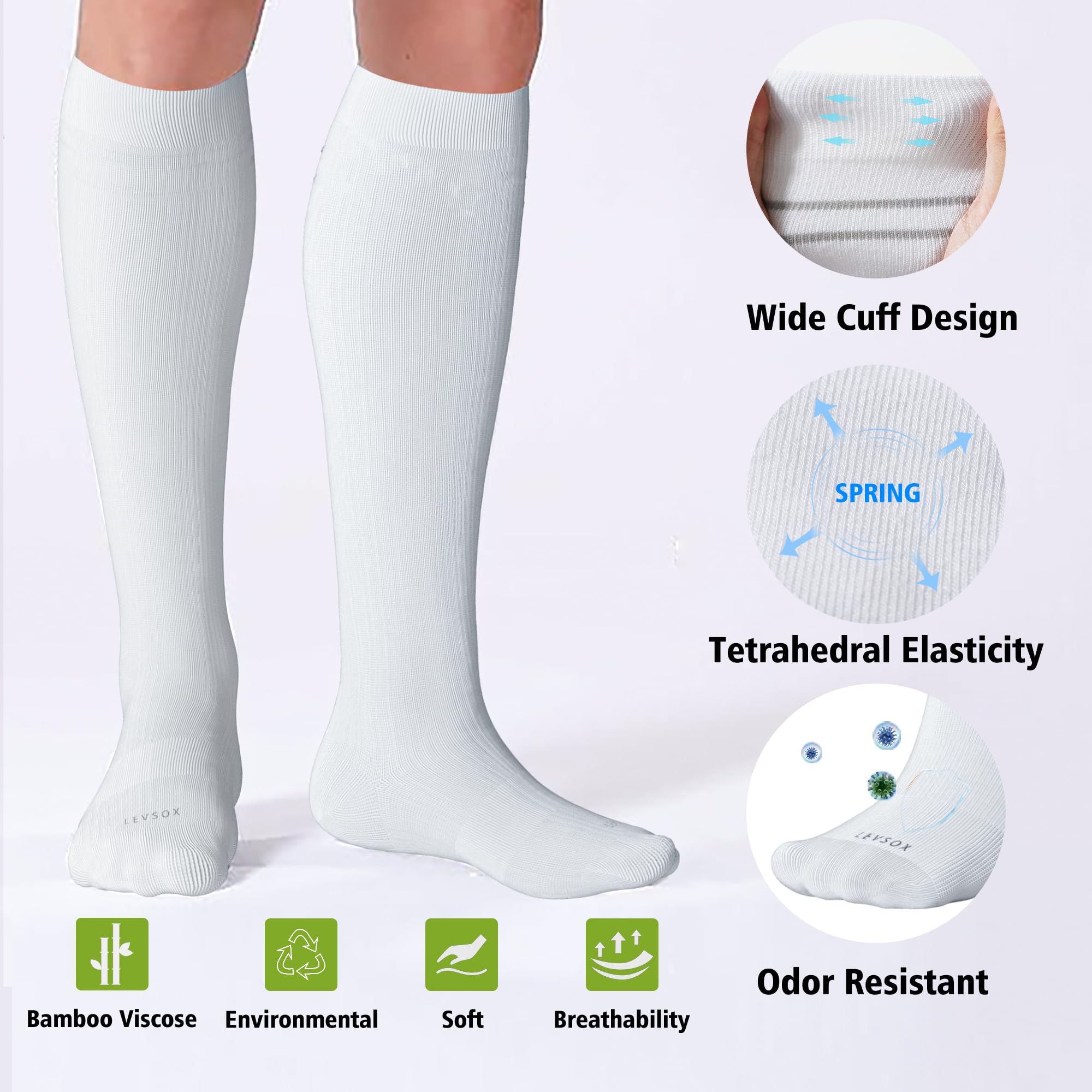 LEVSOX Viscose Made from Bamboo Compression Socks for Pregnant Women 20-30 mmHg Knee High Cute Funny Mens Supports Socks for Nurses, Medical, Travel and Flight, Black, White, Wheat, Grey