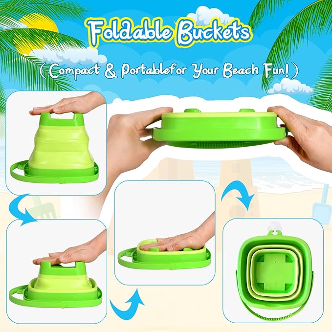 Collapsible Beach Sand Toys for Kids Toddlers,Travel Beach Toys with 3 Collapsible Sand Buckets,Shovels,Mesh Bags,Sand Molds,Castle Toys for Beach, Age 18+ Month