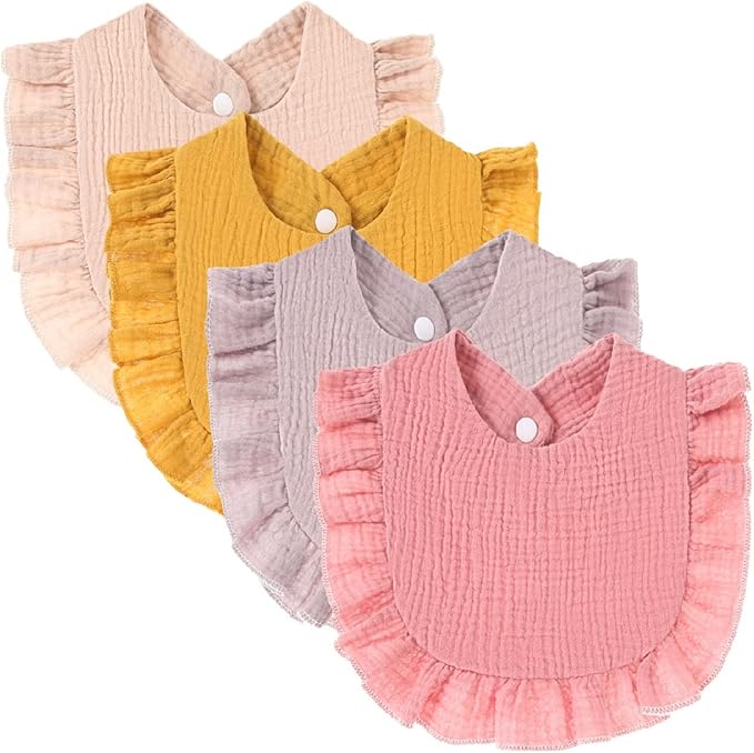 4 PACK Solid Muslin Baby Drool Bibs Set for Unisex Boys Girls Cotton Adjustable Teething Feeding Drooling Bibs