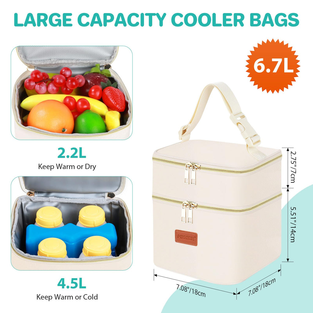 PIIOSER Insulated Baby Cooler Bag with Ice Pack, Fits 4 Baby Bottles Up to 5 Ounce, Portable Breastmilk Cooler Travel Bag with Buckle for Nursing & Working Mom Daycare, Cream