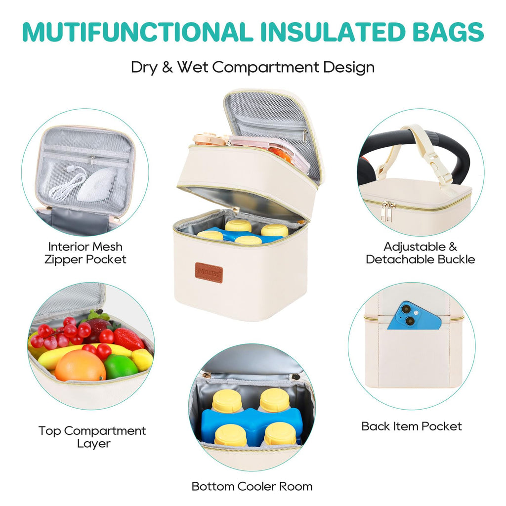 PIIOSER Insulated Baby Cooler Bag with Ice Pack, Fits 4 Baby Bottles Up to 5 Ounce, Portable Breastmilk Cooler Travel Bag with Buckle for Nursing & Working Mom Daycare, Cream