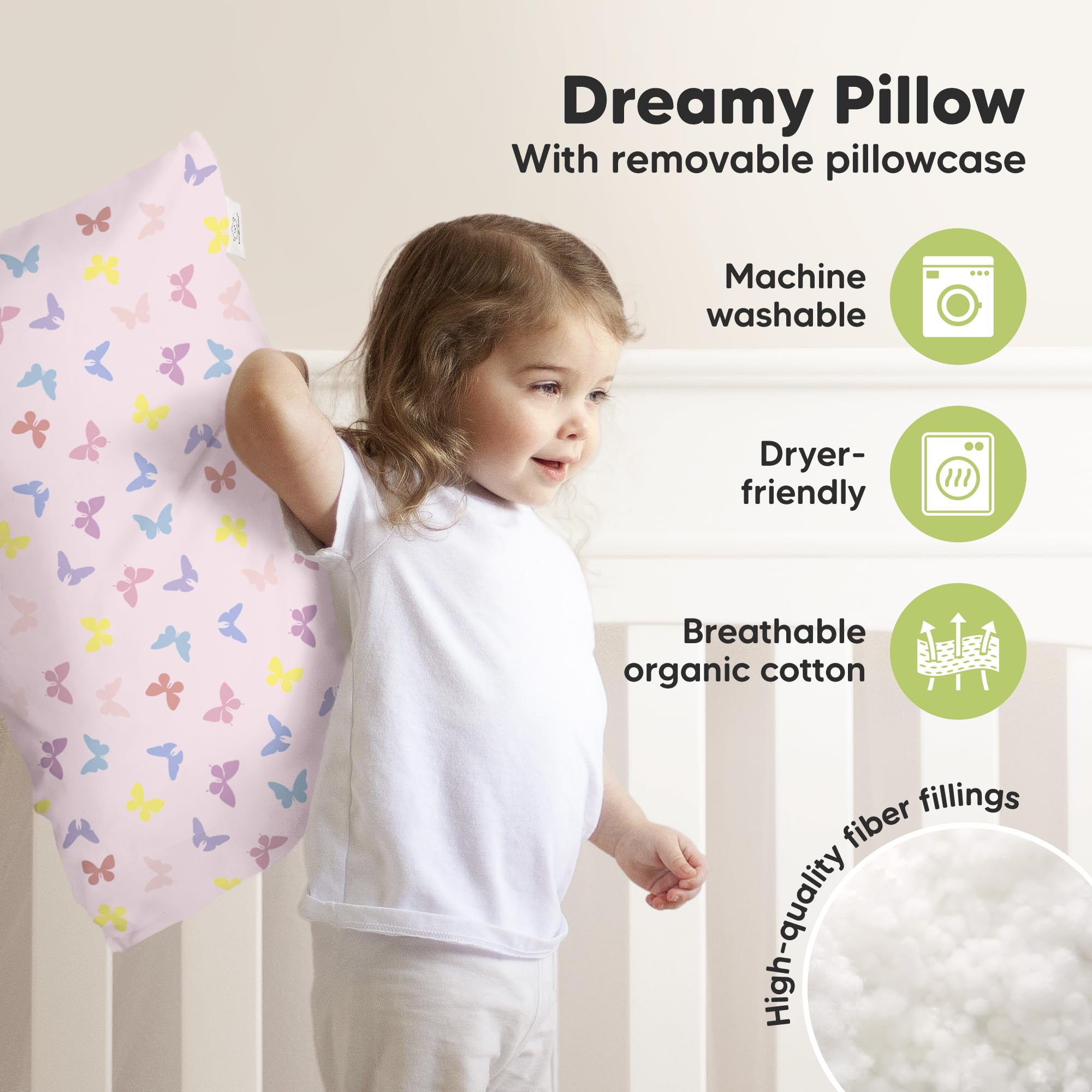 KeaBabies Organic Toddler Pillow with Pillowcase, Jumbo 14X20 (Flutter)