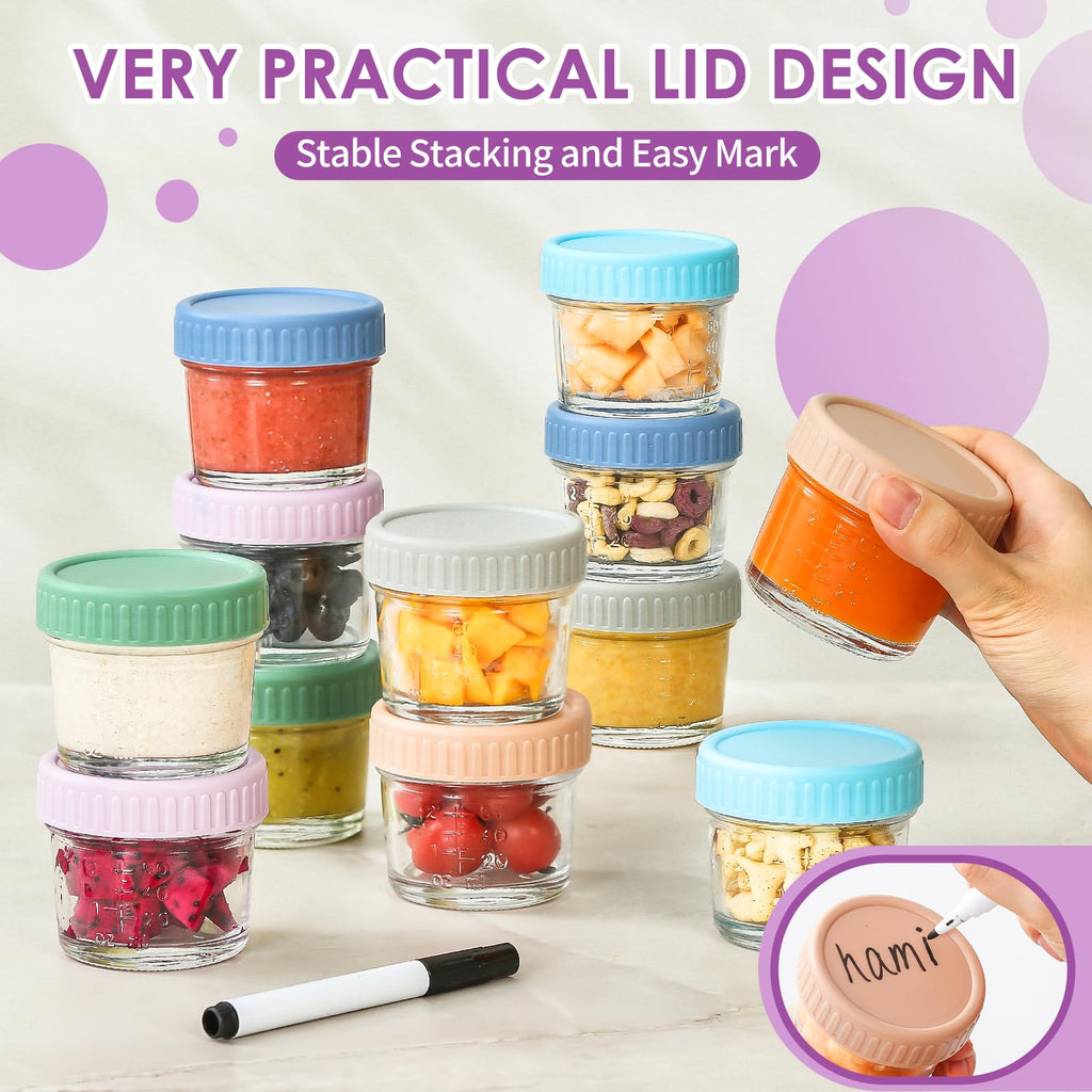 DRKIO 12 pcs Baby Food Storage Containers 4 Oz Small Glass Jars with Lids