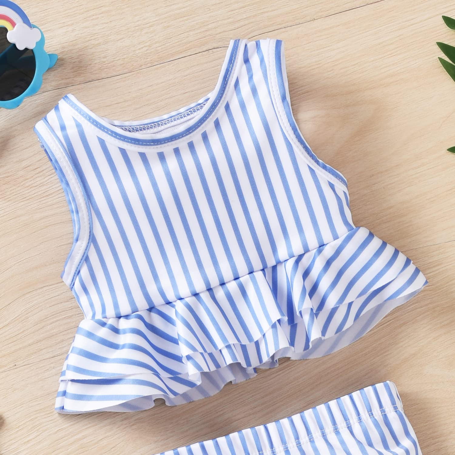 Aalizzwell Toddler Little Girls Swimsuit Two Piece Striped Ruffle Bathing Suit Bikini Tops Bottoms Swimming Suit Swimwear Beach Wear Blue 2T - 3T