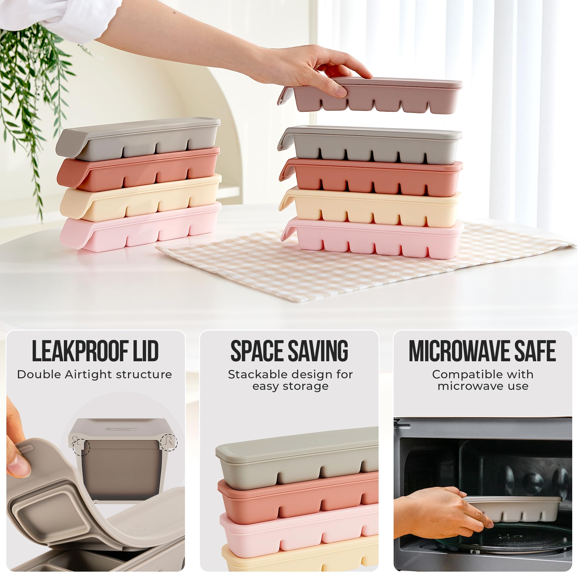 Firgi 1.7 oz/4 Sections Silicone Ice Cube Freezer Tray with Lid, 100% Food-Grade Platinum Silicone,Leak Resistance & Dishwasher Safe for Baby Food Prep,Breast Milk,Purees - Korean Made, Beige