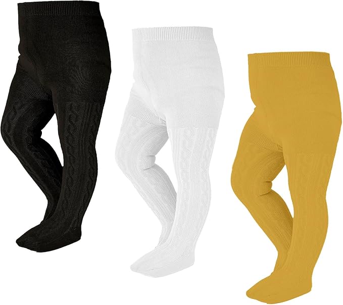 EPEIUS Baby & Toddler Girls Cable Knit Tights - Solid Cotton Stockings, Seamless Footed Leggings, 3 Pair Pack, Black/Gold/Ivory