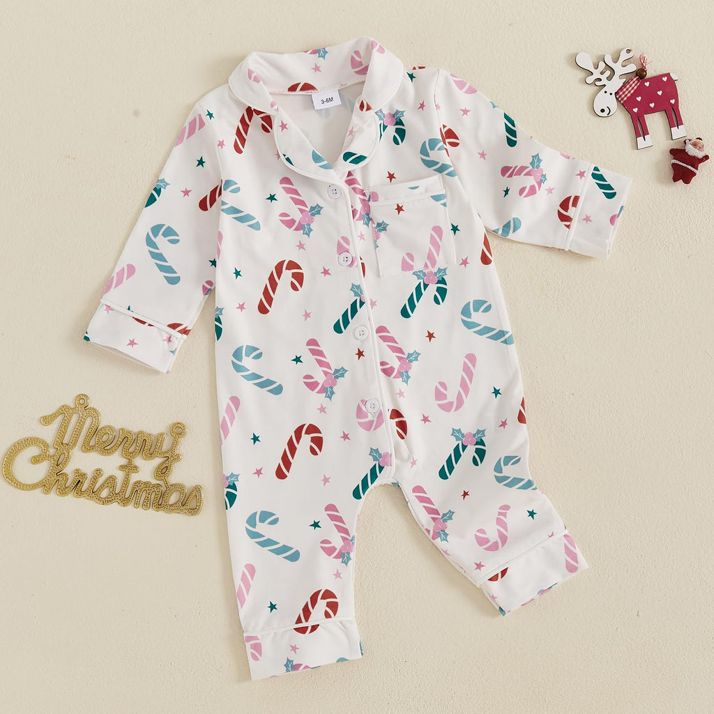 Balaflyie Baby Girl Button Down Pajamas Romper One-Piece Jumpsuit Long Sleeve Sleeper Infant Sleepwear (Candy Cane&White,6-12 Months)