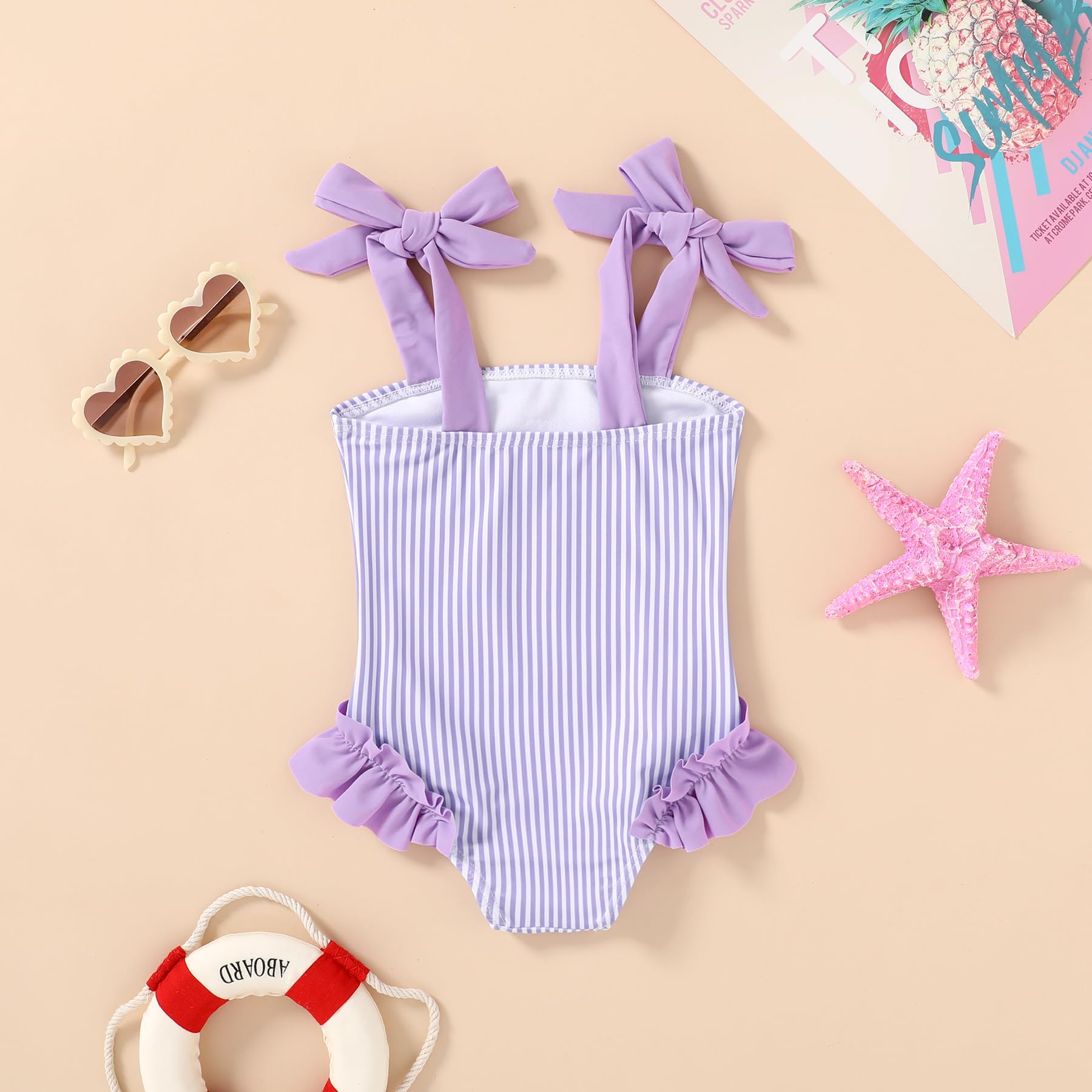 Happy Town Toddler Swimsuit Girl Solid Color Stripe One-Piece Baby Bathing Suits (Purple Stripes, 3-4 Years)