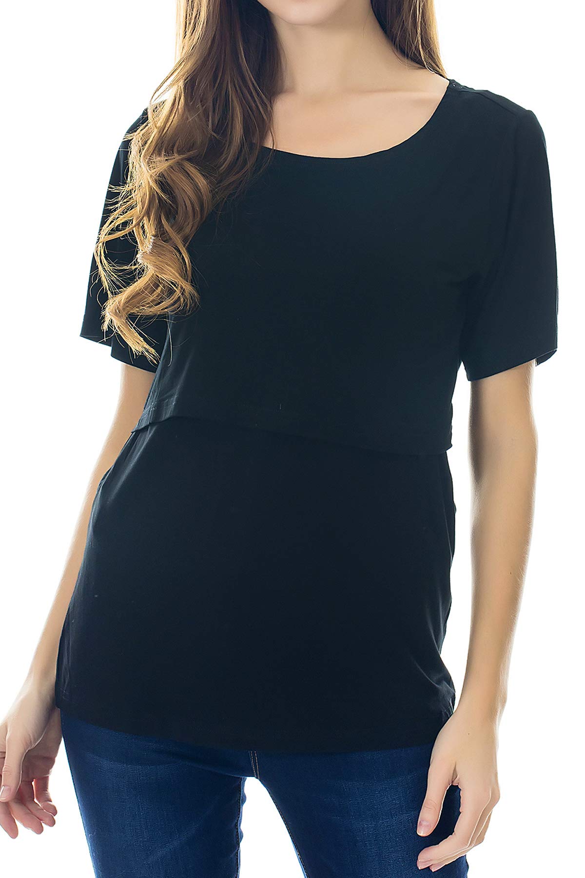 Smallshow 3 Pcs Maternity Nursing T-Shirt Modal Short Sleeve Nursing Tops Brown-Black-Grey,X-Large
