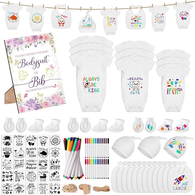 162Pcs Baby Shower Game Decorations Kit with Bibs, Fabric Markers, Wooden Sign, Bodysuits & Tags
