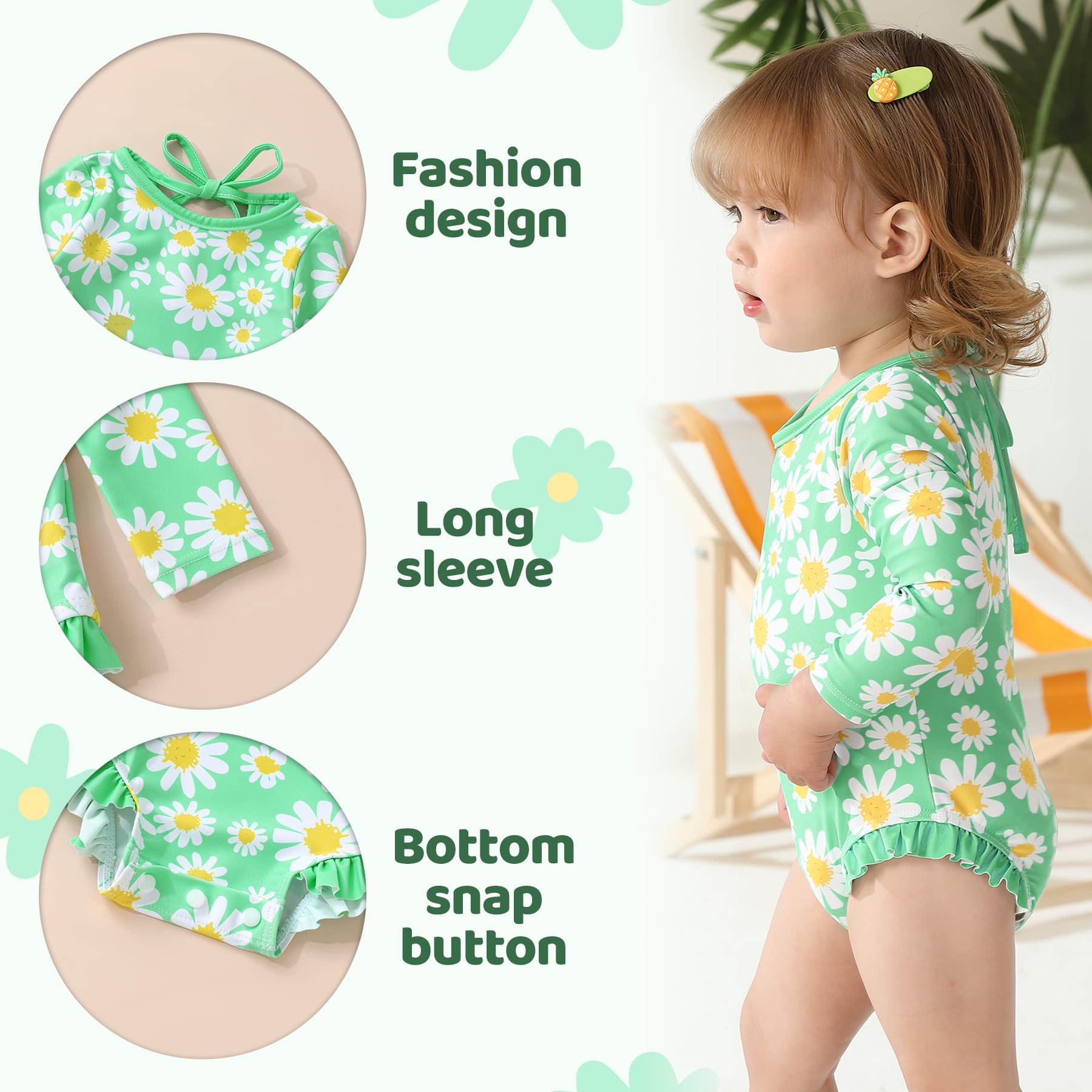 Infant Baby Girls Long Sleeve One Piece Swimsuit with Hat Floral Zipper Bathing Suit Leopard Beach Wear (Green Edged Daisy，3-6Months)