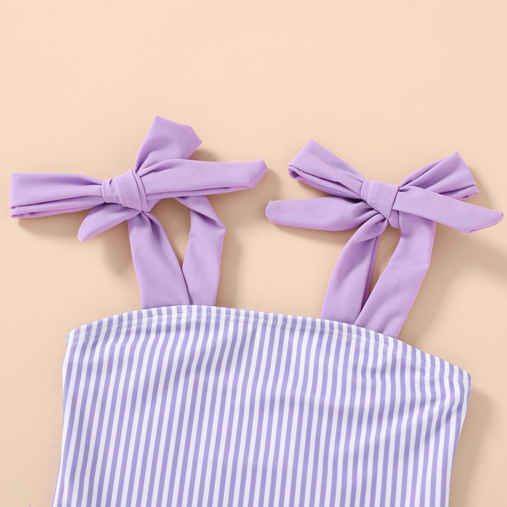 Happy Town Toddler Swimsuit Girl Solid Color Stripe One-Piece Baby Bathing Suits (Purple Stripes, 3-4 Years)
