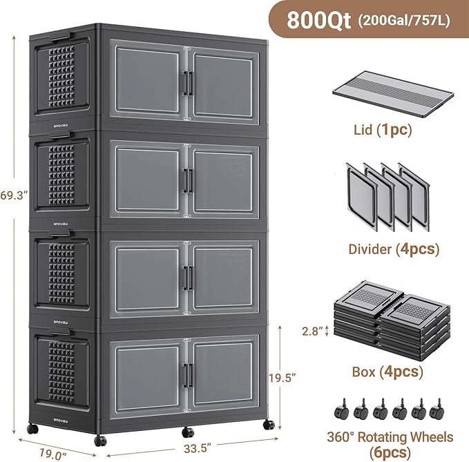 BROVIEW 800Qt Plastic Storage Bins with Lid and Wheels, 4Pack Extra Large Stackable Storage Bins with Dividers,Closet Organizers and Storage Cabinet Collapsible Box Shelves for Home Kitchen,Black