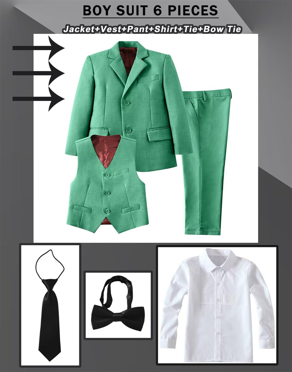 Boy's 6 Piece Suit Classic Fit Suit Set Tuxedo Boy Outfit Green 16