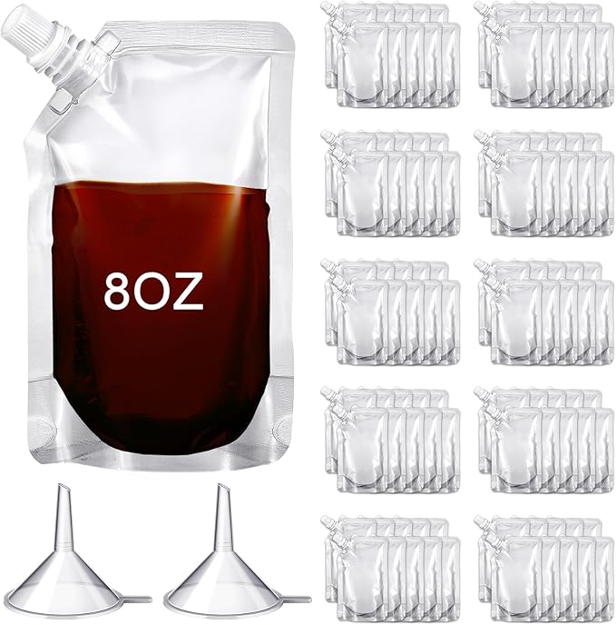Meanplan 100 Pcs Plastic Pouches Bulk Reusable Squeeze Pouches Clear Plastic Juice Leak Proof Bags with Funnel for Party Favors Supplies(8 oz,Inclined Mouth)