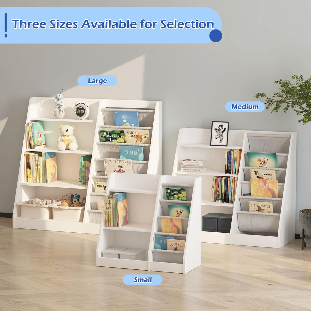 HedoAjim White Kids Bookshelf Wood Toy Storage Organizer Cabinet Children Bookcase Toddler Baby Sling Book Rack Adjustable Shelf for Playroom Bedroom Nursery Hallway School Kindergarten