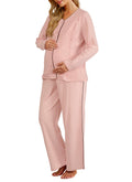 OUGES Maternity Nursing Pajamas Lounge Sets Postpartum Outfits for Women 100% Cotton Button Down V Neck Breastfeeding Sleepwear Set Maternity Clothes Pink Top & Long Pants with Pockets(Pink,S)