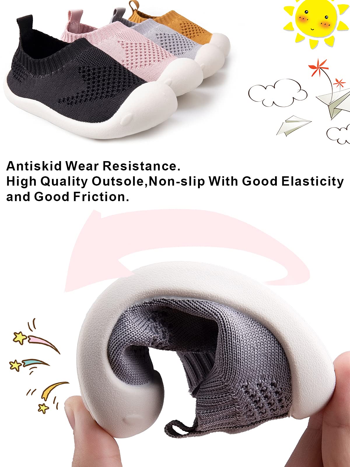 Baby First-Walking Shoes 1-4 Years Kid Shoes Trainers Toddler Infant Boys Girls Soft Sole Non Slip Cotton Mesh Breathable Lightweight Slip-on Sneakers Outdoor(Grey,4 Toddler) T15