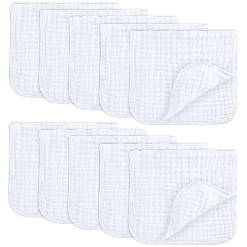 Comfy Cubs Muslin Burp Cloths 20x10" 10 Pack, Baby Burp Cloths - White