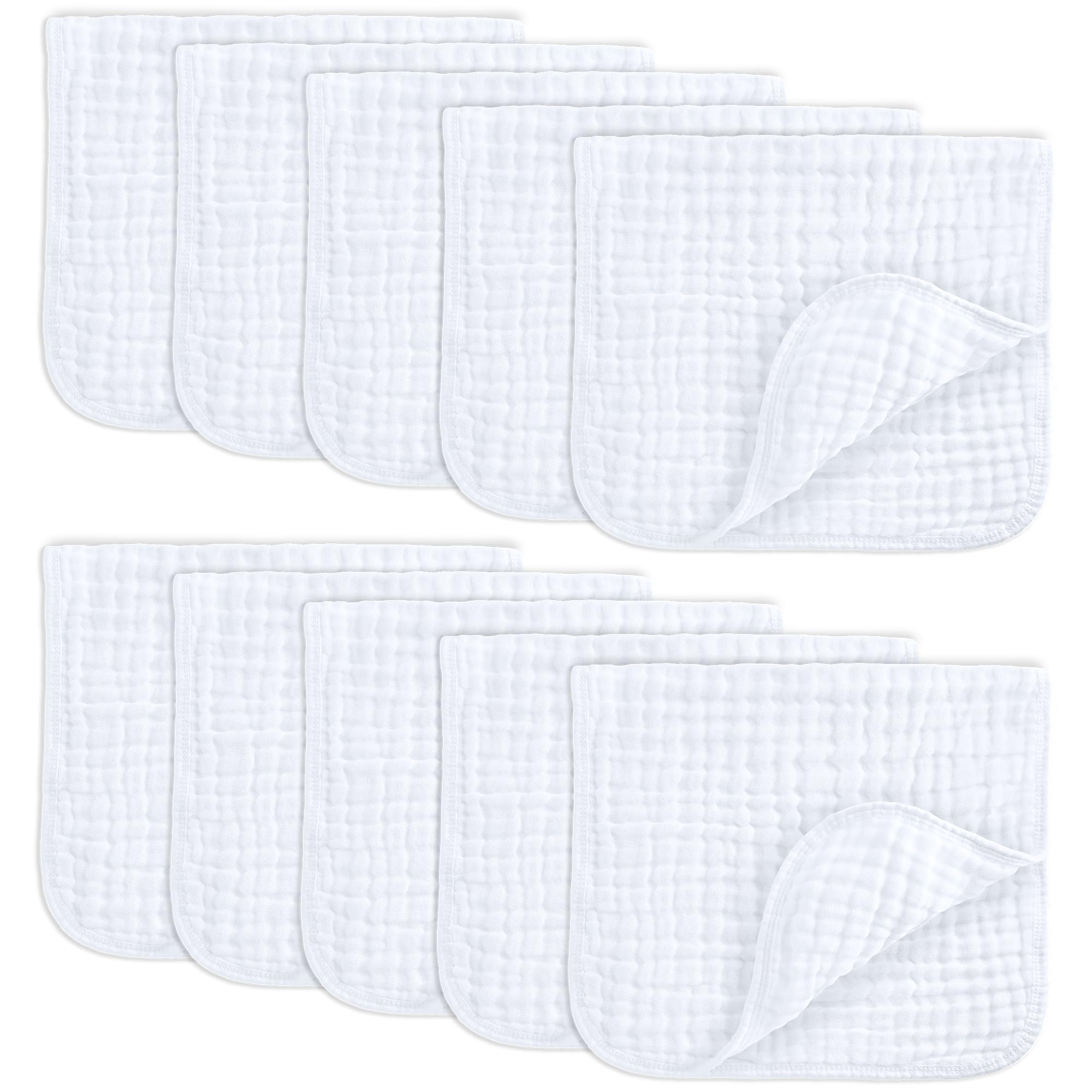 Comfy Cubs Muslin Burp Cloths 20x10" 10 Pack, Baby Burp Cloths - White