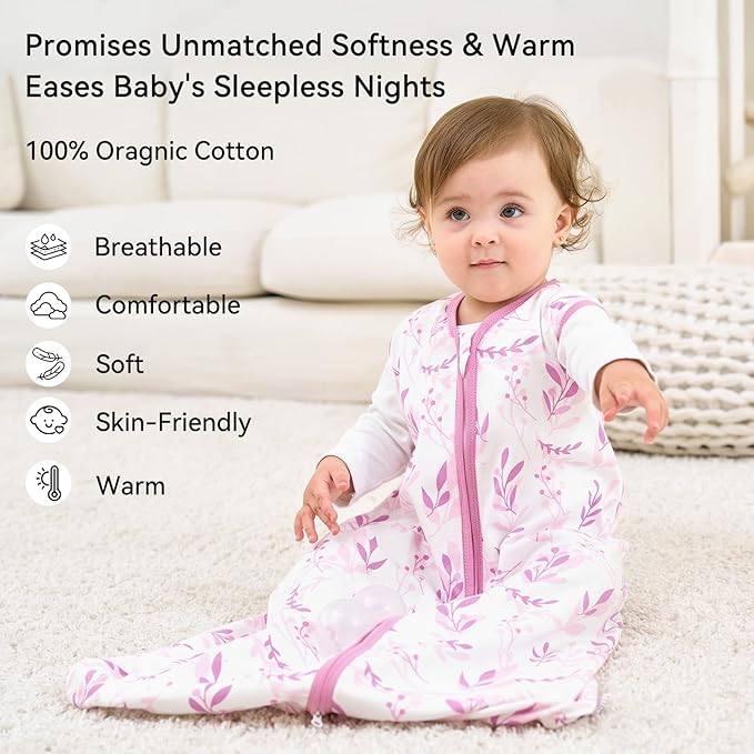 Baby Sleep Sack 6-12 Months 1.0 Tog Baby Wearable Blanket 100% Cotton Sleeping Sack with 2-Way Zipper for Infant Newborn Purple Leaf
