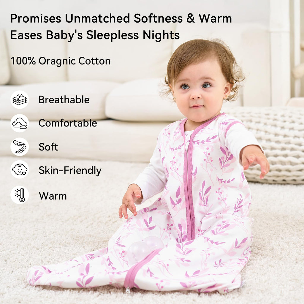 Unnivoll Baby Sleep Sack 12-18 Months 1.0 Tog Baby Wearable Blanket 100% Cotton Sleeping Sack with 2-Way Zipper for Toddler Infant Purple Leaf