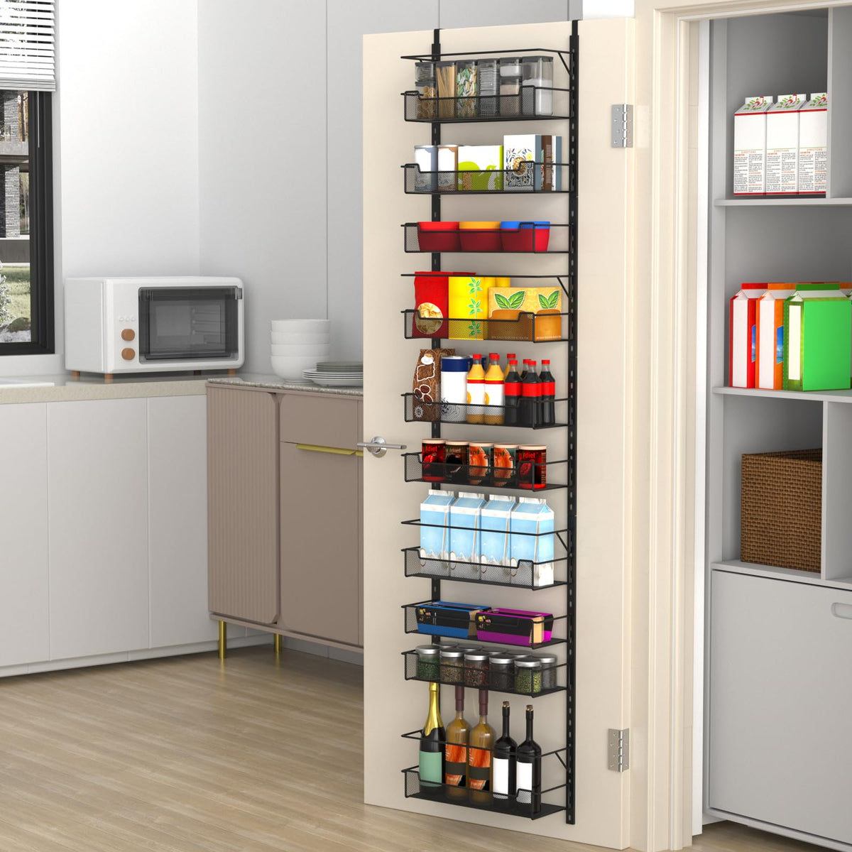 VyGrow 12.3" W Narrow Over the Door Pantry Organizer, 8-Tier Over the Door Organizer with Adjustable Basket, Pantry Door Organization for Pantry Kitchen Storage Room Spice Rack, White