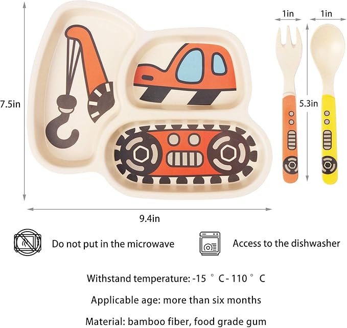 Kid Plate Set Bamboo Toddler Plates Dinnerware Dinner Dish Set Baby Feeding Spill Proof Divided Plate - Baby Spoon and fork 3-Piece Set for Kids and Toddlers Teaches Child Portion Control