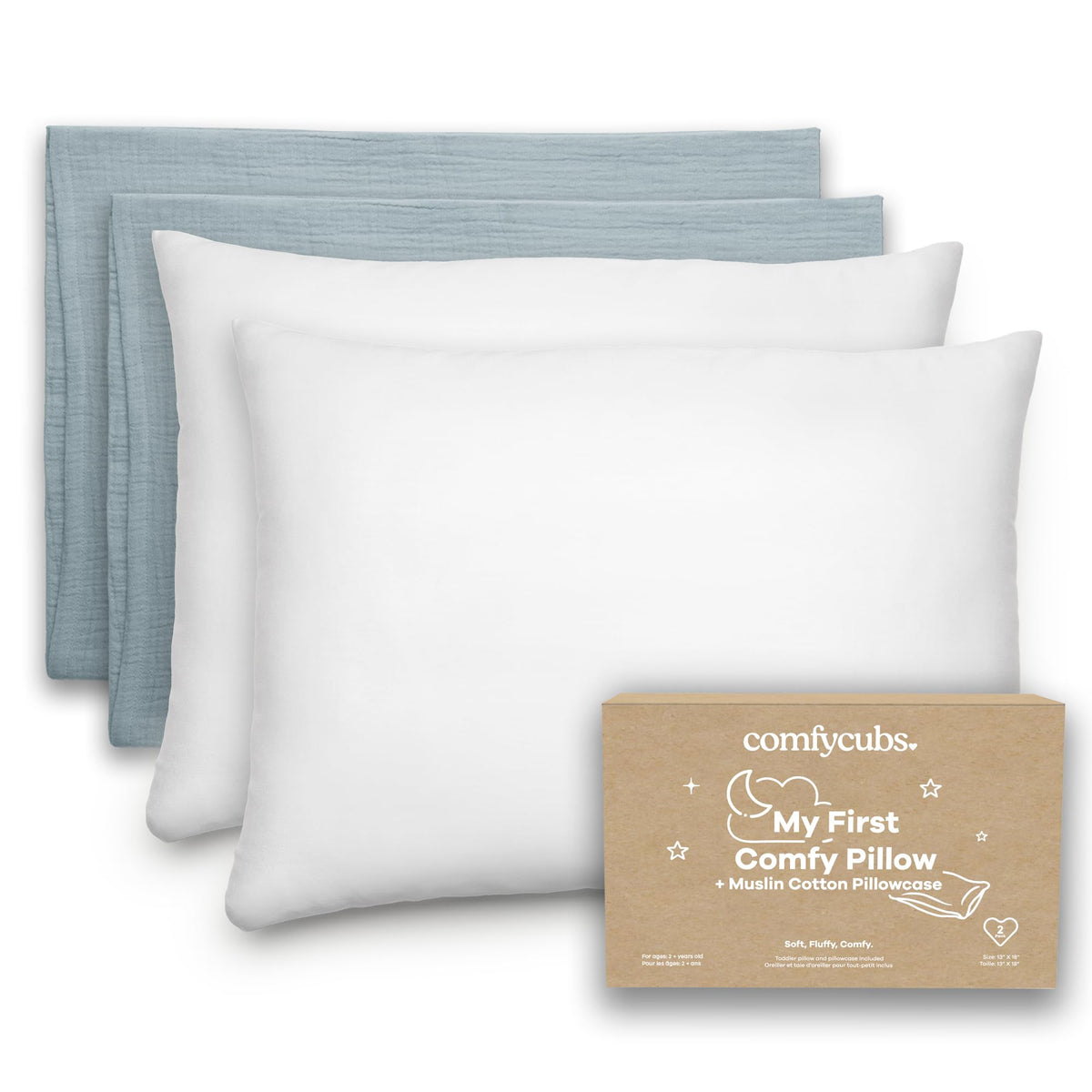 Comfy Cubs Toddler Pillow with Muslin Pillowcase, 13 x 18 in, 2 Pack - Lightweight, Breathable Microfiber Fill for Sleeping and Travel - Soft and Cozy Small Pillow for Toddlers - Sage
