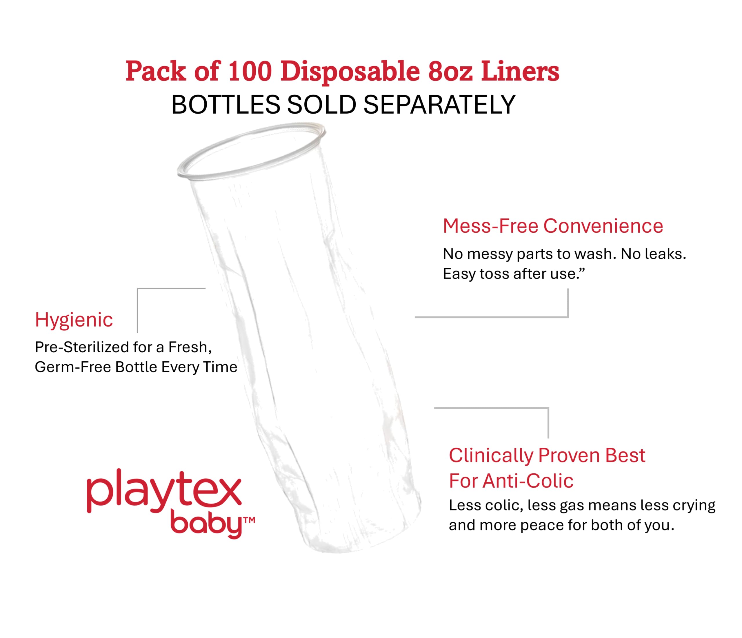 Playtex Baby Nurser Disposable Bottle Liners, 4 oz, (100 Count) – Pre-Sterilized Drop-Ins, Reduces Gas & Colic, BPA-Free, Easy Clean Up and Perfect for Travel