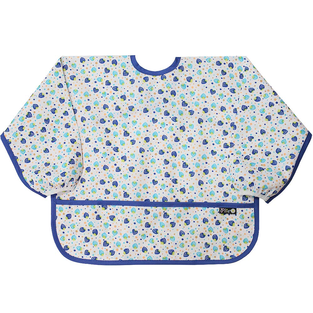 Plie Long Sleeve Waterproof Bib for Toddlers – Soft Feeding Smock for Baby Mealtime, Self-Feeding, Painting & Messy Play, BPA-Free, Easy Clean (6–24 Months) - Blue Strawberry